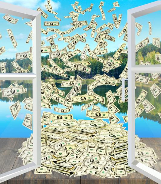 pile of dollars flowing into open window